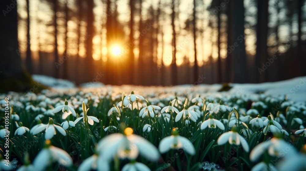 Poster Snowdrops blooming in a quiet snowy forest, tiny white flowers scattered across the frozen ground, warm golden light filtering through the trees 