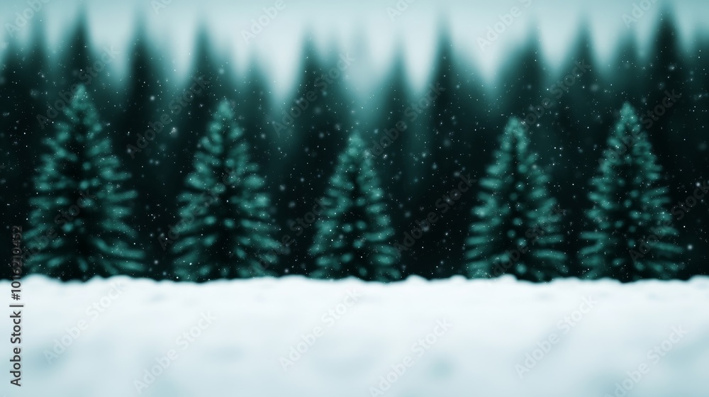 Poster snowflakes gently falling over a winter forest clearing with a soft white background for text space