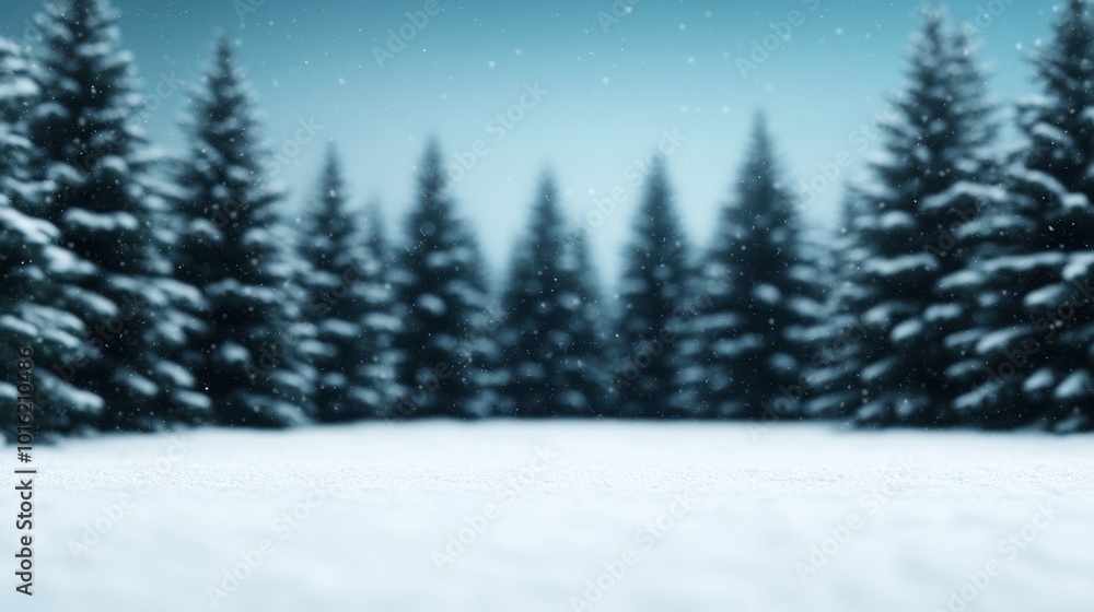 Poster snowflakes gently falling over a winter forest clearing with a soft white background for text space