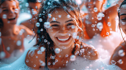 Group of young friends taking a selfie at a foam party, surrounded by bubbles and laughter, enjoying the summer holiday
