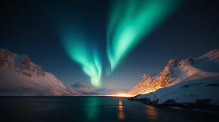 Northern Lights Over Snowy Mountain Landscape

