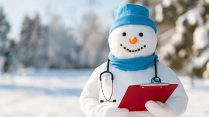 Snowman as a doctor with a stethoscope around its neck, holding a clipboard, tiny snow hands sticking out from a lab coat, soft winter background 