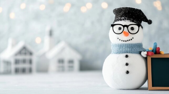 Snowman as a teacher with glasses and a chalkboard beside it, snow chalk in hand, standing in front of a snow-covered schoolhouse, isolated on a light background 
