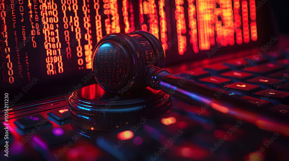Aufkleber a gavel with binary code symbols, placed on a glowing keyboard, representing cyber law and justice