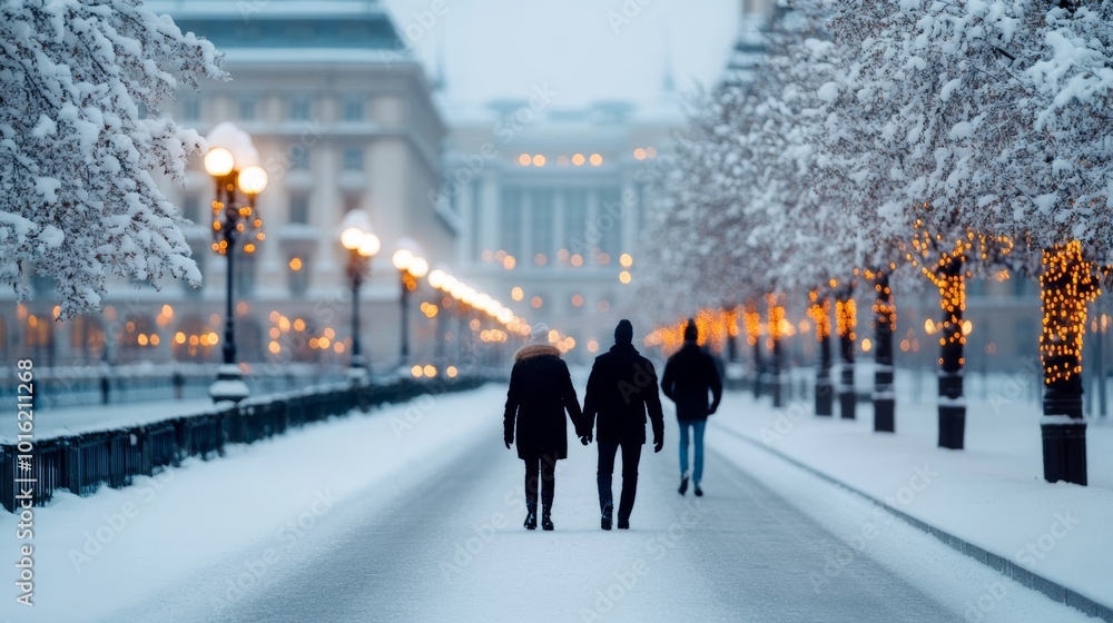 Wall mural Snowy evening in a bustling city square with holiday lights, frosted trees, and people walking through the snow 