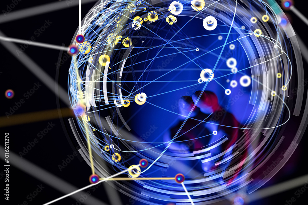 Poster Global network. Blockchain. 3D illustration. Neural networks and artificial intelligence. Abstract