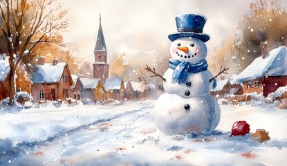 Obraz premium Smiling snowman in a blue top hat standing in front of a small snowy village with a church steeple in the background .