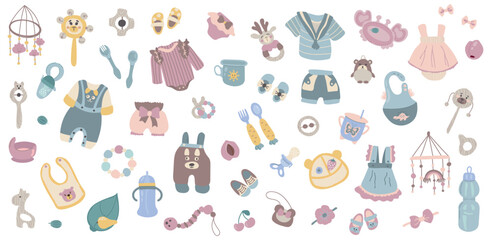 Set It's a baby. Hello baby. White background, isolate.  Dresses, overalls, bows, toys, dishes.
