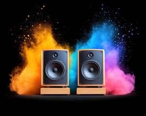 Speakers with colorful sound waves explosion