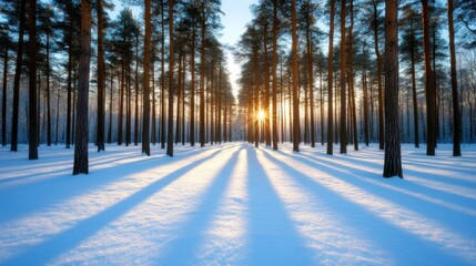Snowy forest clearing with tall pine trees and golden sunlight casting long shadows on the white snow 