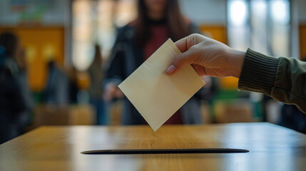 Hand holding a ballot paper with a candidate's name, ready to insert into the ballot box