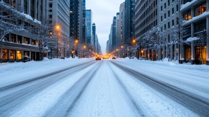 Snowy streets of a bustling urban center with tall buildings, glowing windows, and a soft layer of snow covering everything 