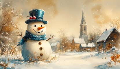 Fototapeta premium Smiling snowman in blue hat and scarf standing in snowy village with tall church steeple in the background .