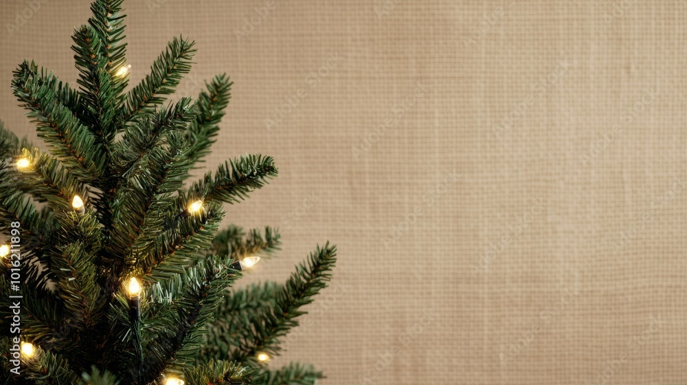 Poster sparkling christmas tree with glowing lights, bokeh orbs illuminating a rustic textured canvas backg