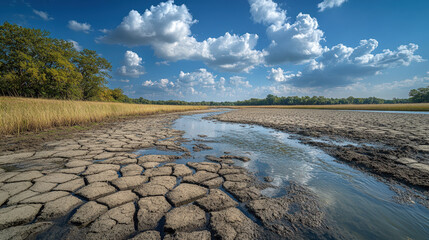 A parched riverbed with once flowing water reduced to mere puddles