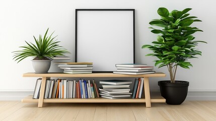 Fototapeta premium A serene interior showcases a blank poster frame against a white wall, accompanied by neatly stacked books and vibrant cacti, enhancing the minimalist aesthetic