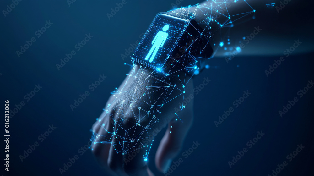 Poster a smart watch on a hand, featuring a hologram of a person. this gadget incorporates artificial intel