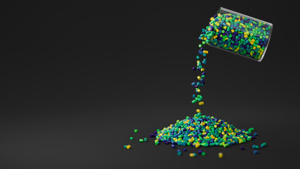 Colorful plastic polypropylene granules pouring from the glass on a black backdrop, masterbatch polymer grain pile. HDPE or PVC resin pellets. Place for text. 3d render illustration