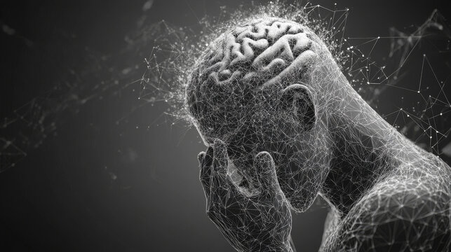 A great thinker depicted in a wireframe polygonal style, featuring a broken head to illustrate the concept of brain thinking.

