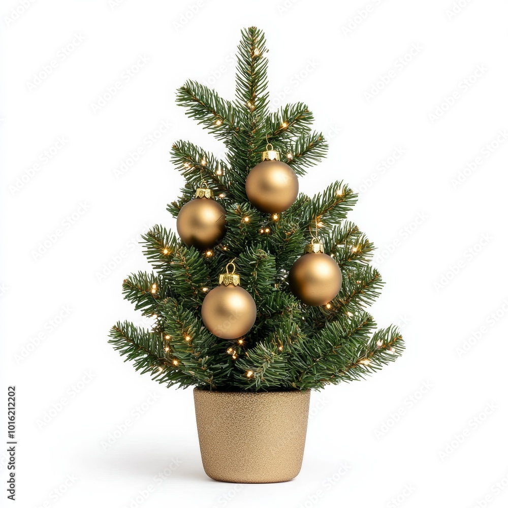 Sticker Sparkling mini Christmas tree with golden ornaments and twinkling lights isolated on white background 