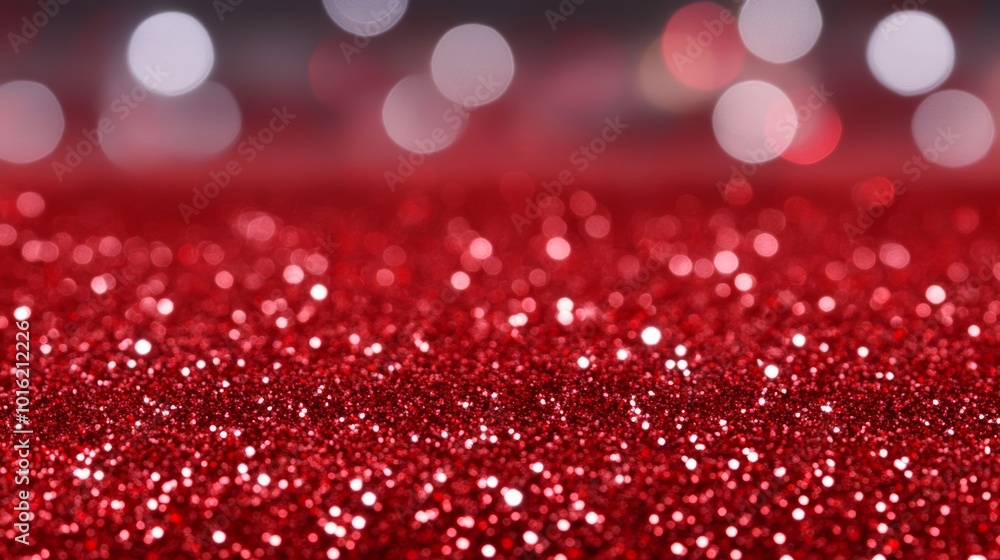 Poster sparkling red glitter background with shimmering stars, creating a festive holiday glow and soft blu