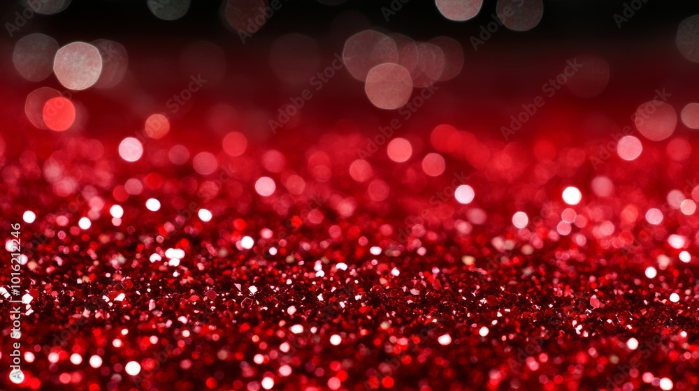 Poster sparkling red glitter background with shimmering stars, creating a festive holiday glow and soft blu