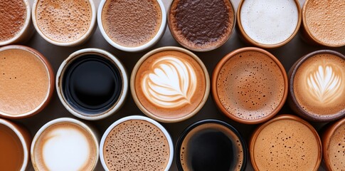 A flat lay arrangement of diverse coffee drinks showcasing espresso and lattes with rich warm tones. Beverage culture concept