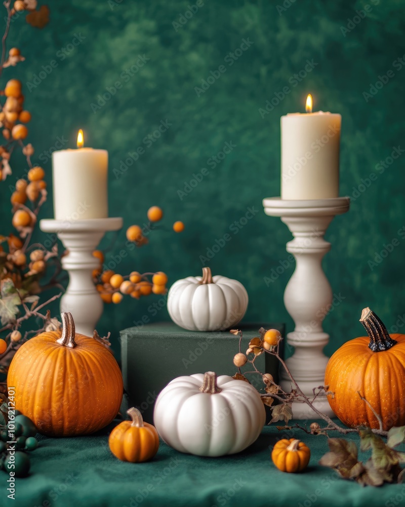 Canvas Prints Decorative Plaster Podiums and Pumpkins on Green Background