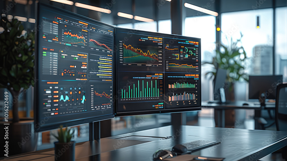 Poster a high-tech investment dashboard displaying real-time financial data, trends, and analytics on large
