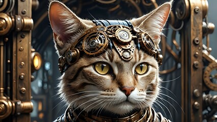 A cat wearing steampunk-style goggles and gear. Brass and metal details surround it. Generative AI