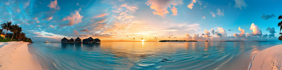 Fototapeta premium Beautiful panoramic view of a tropical beach at sunrise with palm trees, clear blue sky in background