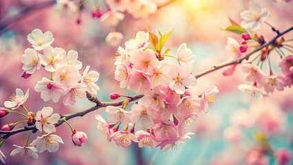 Obraz premium A delicate cluster of blossoming pink flowers, bathed in soft sunlight, with a gentle blur of pink and blue hues in the background.