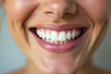 Obraz premium Close-up of a smiling woman's mouth with open lips and visible white healthy teeth. The concept of dental treatment and hygiene. Generative AI