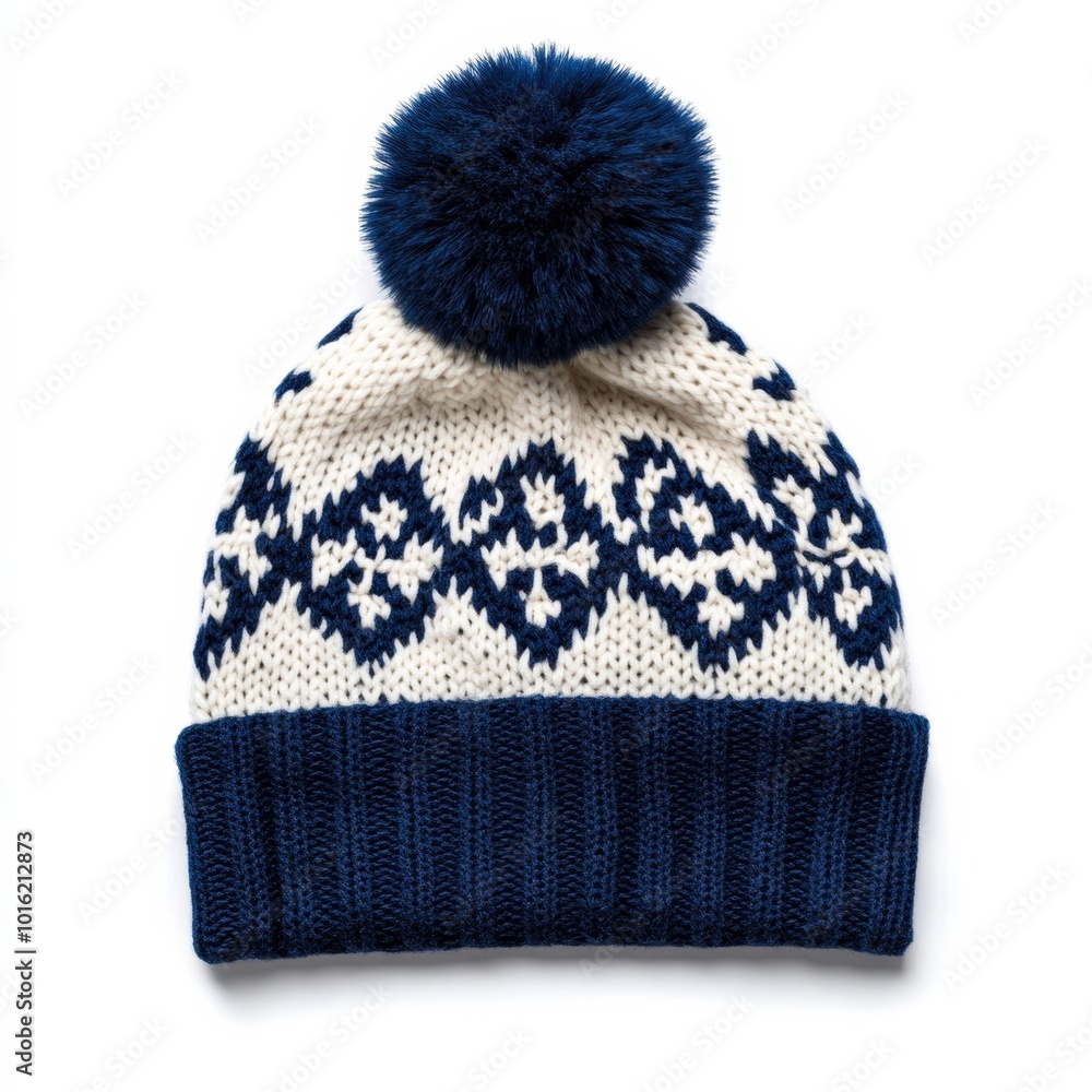 Poster thick knit winter beanie with a large pom-pom on top and snowflake pattern isolated on white backgro