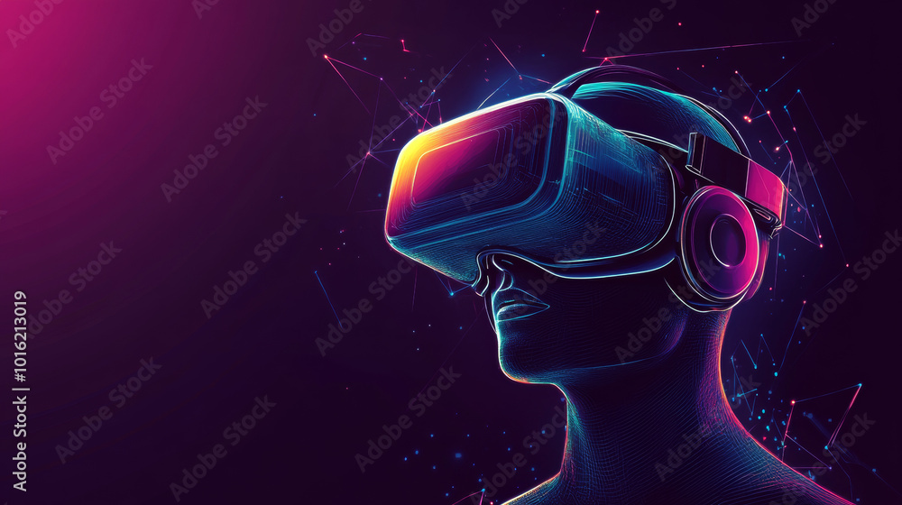 Poster concept of virtual reality technology showcasing a graphic of a user wearing a vr head-mounted displ