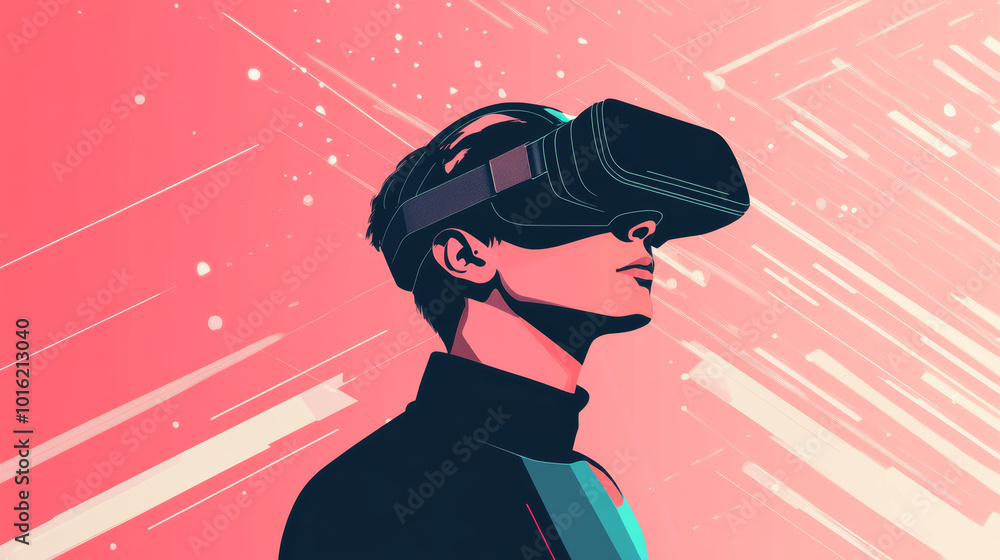 Poster concept of virtual reality technology showcasing a graphic of a user wearing a vr head-mounted displ