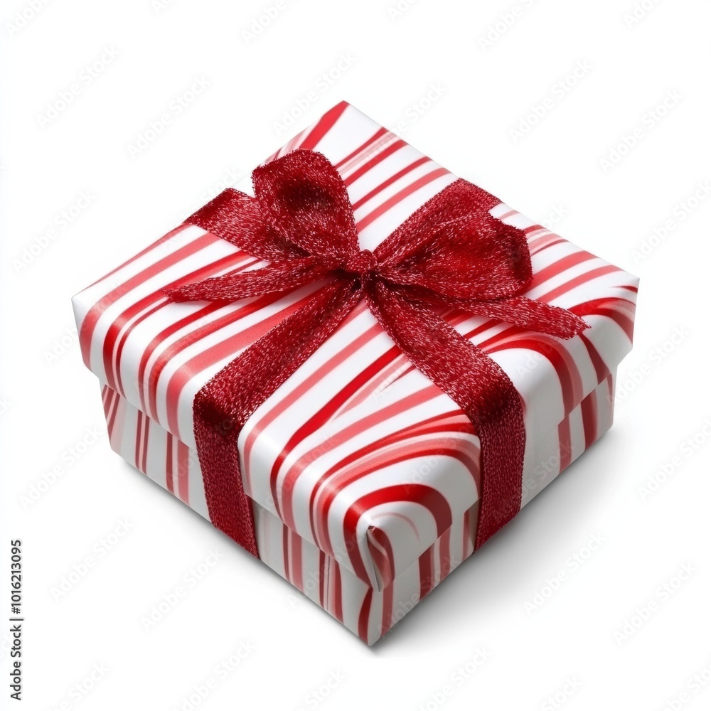 Sticker Tiny Christmas gift box wrapped in striped candy cane paper and tied with a red velvet ribbon isolated on white background 