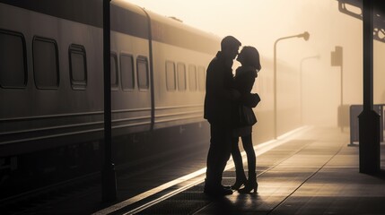 A couple shares a tender kiss on a misty train platform, enveloped in golden light, symbolizing love, connection, and heartfelt goodbyes.