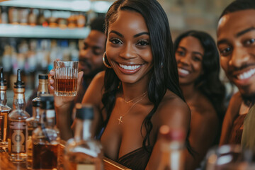 Black woman is holding a glass of liquor and smiling