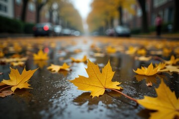 Yellow maple leaves lie on the wet asphalt on an empty street. Autumn leaf fall