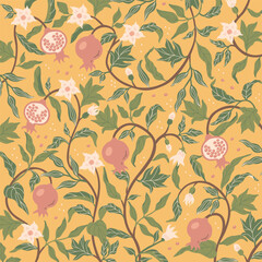 Pomegranate leaf seamless pattern. Pattern vector illustration. Vector illustration of pomegranate fruit. Garnet vector.
