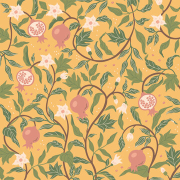 Pomegranate leaf seamless pattern. Pattern vector illustration. Vector illustration of pomegranate fruit. Garnet vector.

