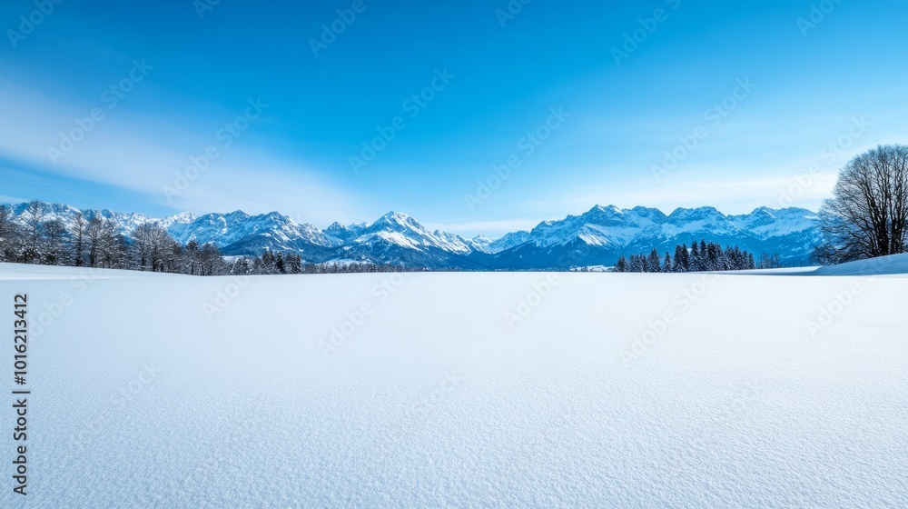 Poster tranquil snow-covered meadow with distant foggy mountains and a soft white gradient for text space