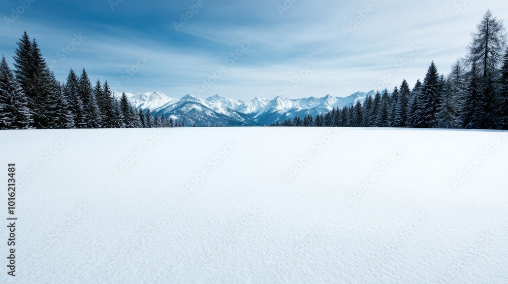 Poster tranquil snow-covered meadow with distant foggy mountains and a soft white gradient for text space