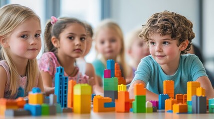 Fototapeta premium Kids create imaginative structures with colorful blocks in a vibrant classroom
