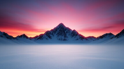 Vast snowy plains leading to majestic mountain peaks glowing in the soft light of a winter sunset 