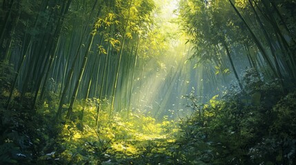 Obraz premium Sunlight filtering through dense bamboo forest with lush green foliage and a path leading deeper into the woods .