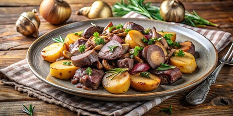 A Rustic Plate of Braised Meat, Potatoes, and Mushrooms with Herbs and a Side of Onion