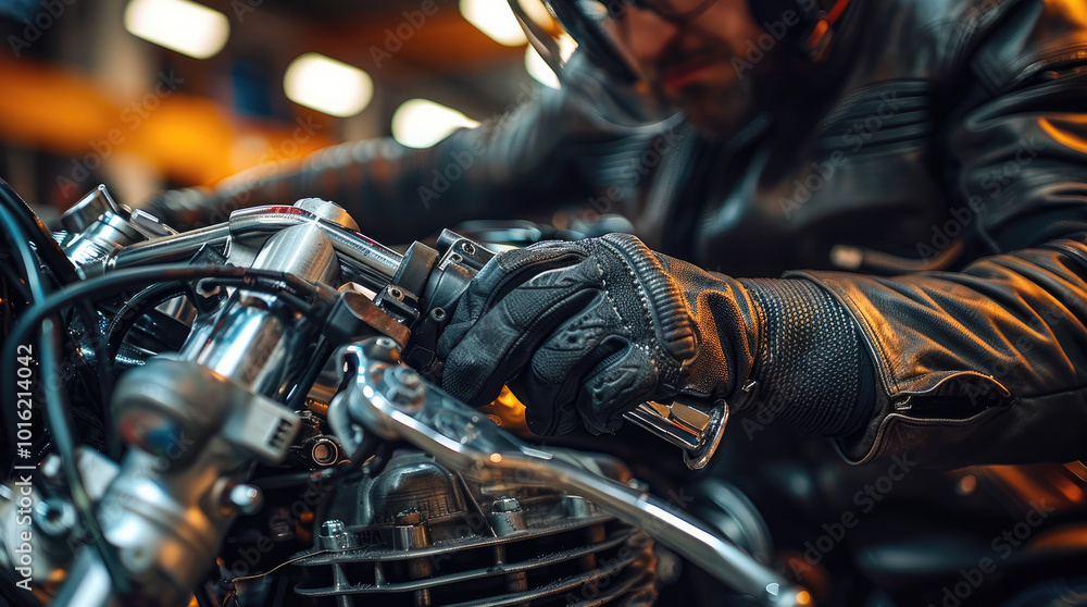 Aufkleber a mechanic inspecting a motorcycle engine with tools in hand emphasizing maintenance check.