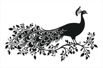Elegant Peacock Silhouette with Ornate Tail Feathers and Branches in Black and White Vector Art